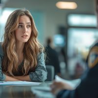 A woman discusses accident report with police. A woman discusses accident report with police.