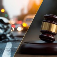 Split Image Depicting a Car Accident and a Judge’s Gavel, Representing Vehicle Insurance, Legal Responsibility, Traffic Liability, Auto Damage Claims and Justice in Automotive Disputes Split Image Depicting a Car Accident and a Judge