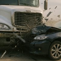 Dramatic collision between large semi truck and car on highway.