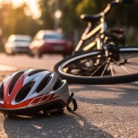After an automobile accident, a bicycle helmet is seen in close-up lying on the pavement next to a bicycle in a city street. After an automobile accident, a bicycle helmet is seen in close-up lying on the pavement next to a bicycle in a city street.