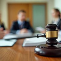 Pro legal meeting in progress. Judges, legal team members seated around table. Gavel on table in focus. Decision making process in court room setting. Legal consultation, discussion. Teamwork