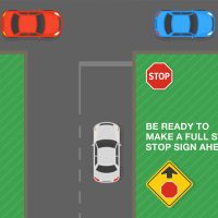 Safe driving tips and traffic regulation rules. United States “stop ahead” sign meaning. Top view of a traffic flow. Be ready to make a full stop. Flat vector illustration template Safe driving tips and traffic regulation rules. United States "stop ahead" sign meaning. Top view of a traffic flow. Be ready to make a full stop. Flat vector illustration template