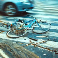 Dynamic image of bicycle accident on bustling city street, with blurred motion effects. The crossing and moving vehicle emphasize the urgency and potential dangers in urban transport settings.