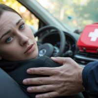 Young caucasian female in car with first aid kit and reassuring hand on shoulder