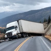 Dramatic scene of a semi truck jackknifing and blocking an entire lane after colliding on a steep winding mountain road in inclement weather conditions