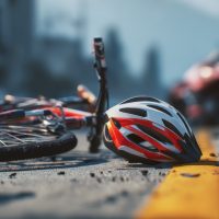 broken bicycle and helmet on the road after a car accident