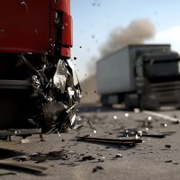 Aftermath of a truck collision. Smashed glass and debris litter the highway as two semi-trucks are involved in an accident, causing chaos and highlighting road hazards.