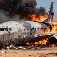 Burning airplane crash wreckage with flames smoke and debris representing aviation disaster and emergency scene.