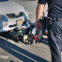 a-police-officer-stands-near-a-collision-site-where-a-white-car-and-a-scooter-have-crashed-on-a-road