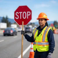 Female traffic controller holding stop sign on busy construction highway