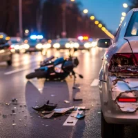 rearended-car-with-visible-damage-on-a-busy-street-at-dusk-a-fallen-motorcycle-and-scattered-debris-emphasize-the-accident-scenes-urgency-and-disruption