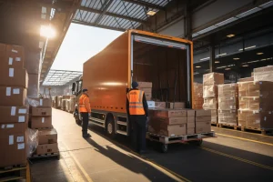 With a female manager using a tablet computer, a worker loads cardboard boxes into a delivery truck in a logistics retail warehouse.
