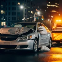 a-damaged-silver-car-with-deployed-airbags-is-on-a-wet-city-street-at-night